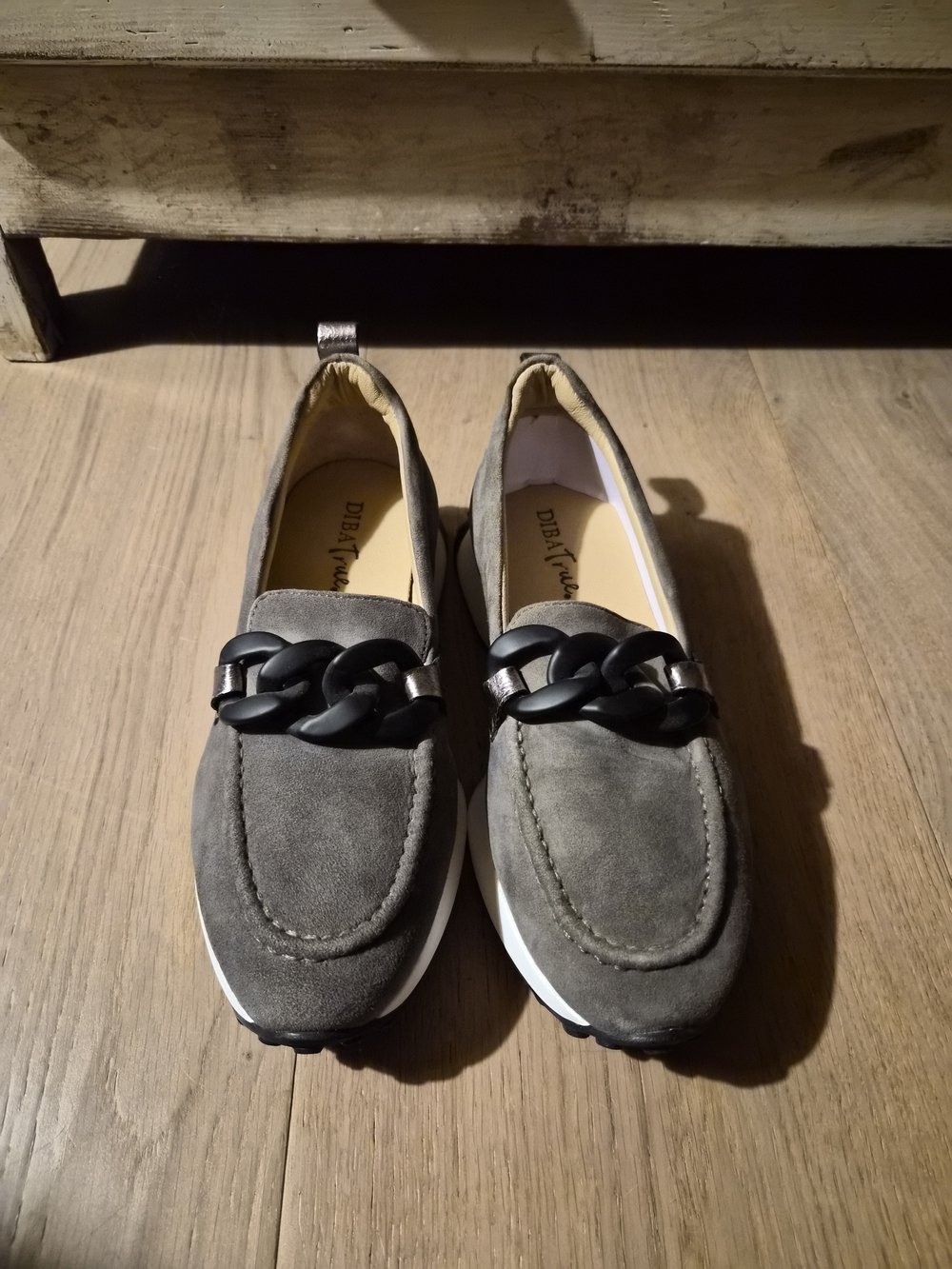 Women's Grey Suede Chain-Trim Loafers